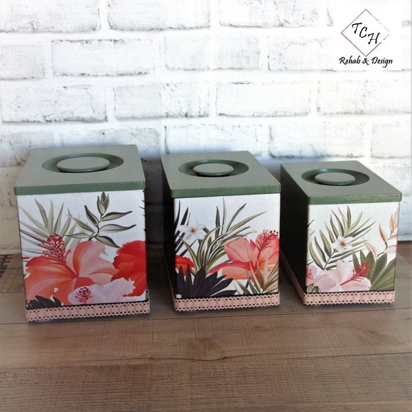 Hibiscus Decorative Box Hawaii Tropical Decor Storage Box Palm Leaf Canisters